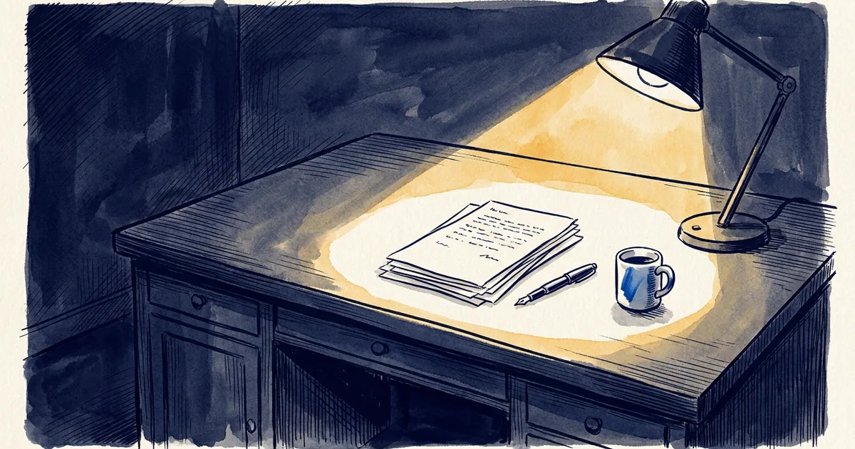 A wooden desk holding printed manuscript pages and a fountain pen under the warm light of a desk lamp.