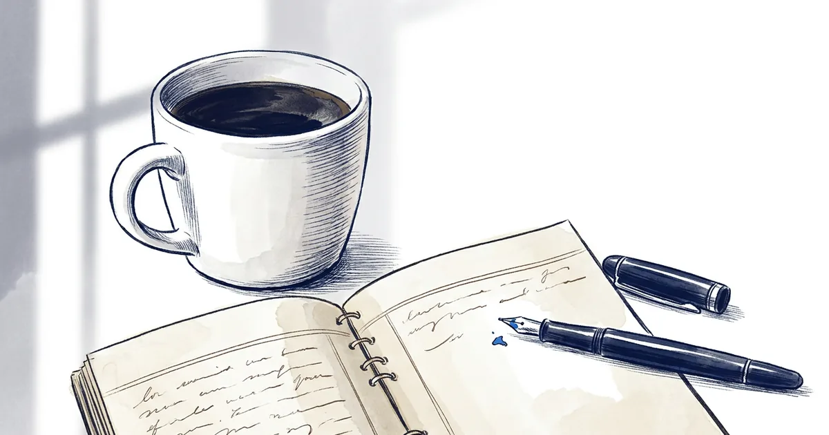 A clean ceramic mug of black coffee beside an open, handwritten ledger and a capped fountain pen.