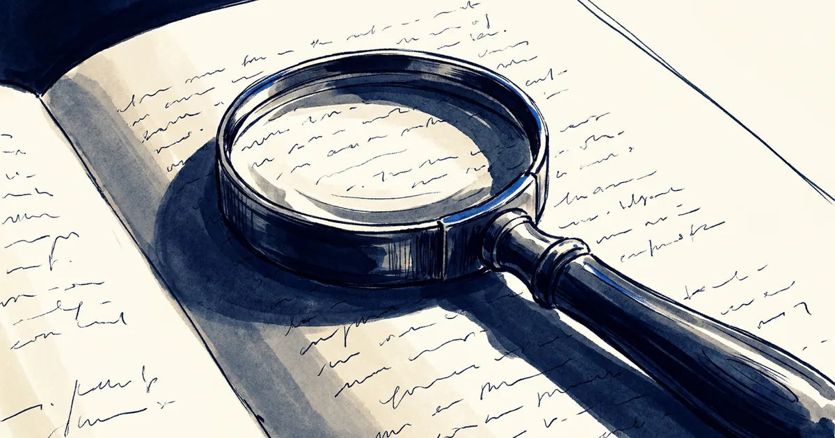 A brass magnifying glass placed over justified text on a crisp sheet of paper.