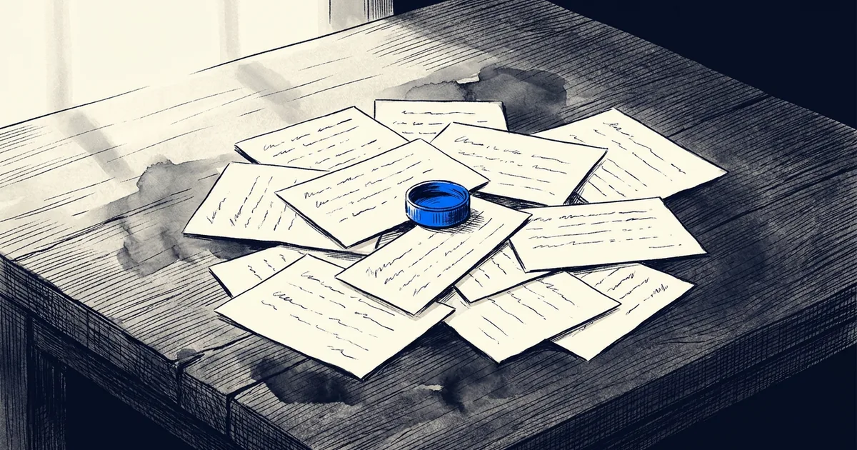 A stack of index cards covered in faded ink notes, scattered across a dark oak desk.