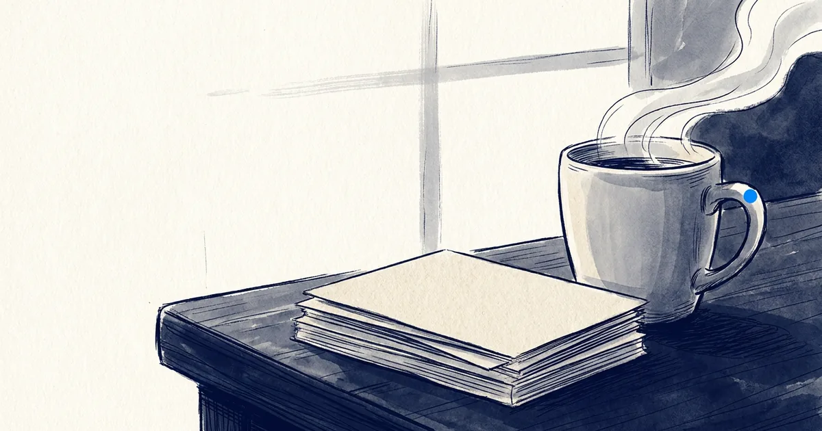 A wooden desk holding a stack of blank index cards and a steaming mug of tea.