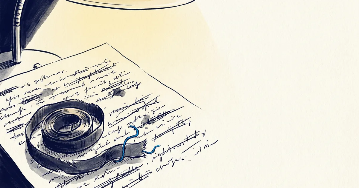 A frayed typewriter ribbon resting on a heavily crossed-out manuscript page under yellow lamplight.