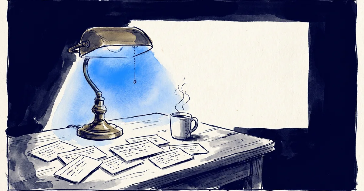 A wooden desk scattered with handwritten index cards under the light of a brass lamp.