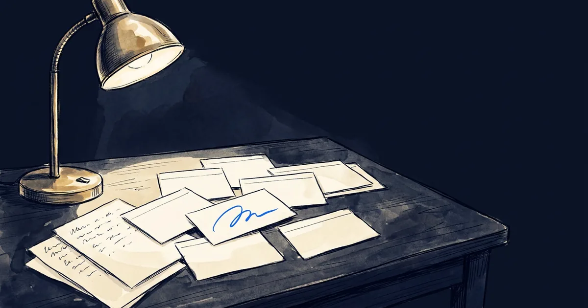 A desk lamp shines on several handwritten index cards spread across a wooden surface.