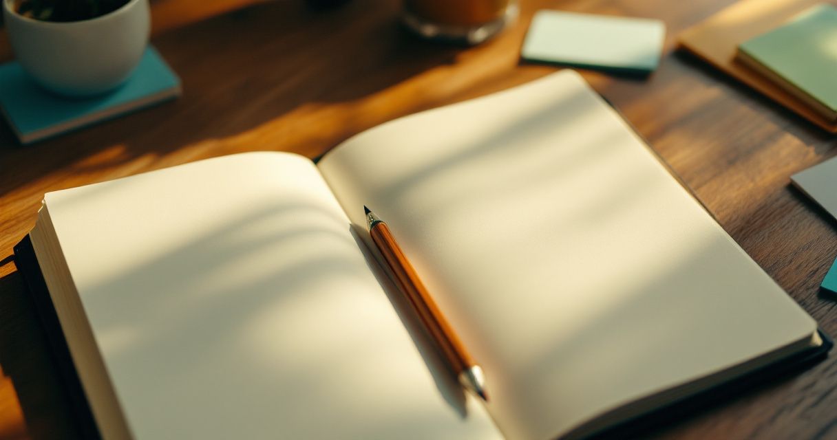An open blank notebook with a wooden pencil resting in the gutter, on a sunlit wooden desk beside a potted plant and a stack of notecards.